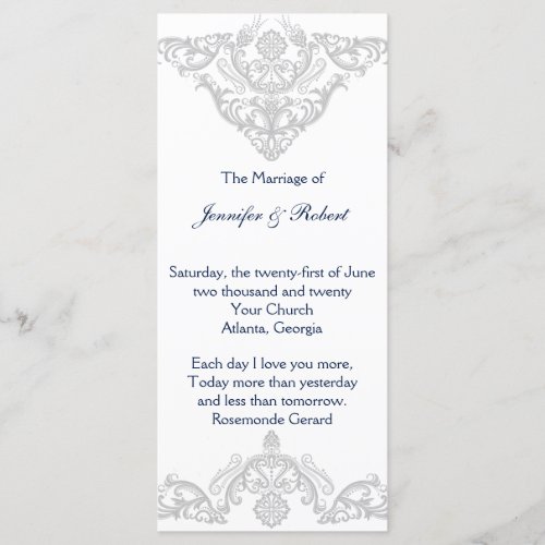 Silver White and Navy Damask Wedding Program