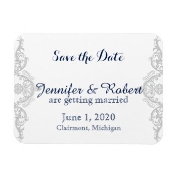 Silver White And Navy Damask Wedding Save The Date Magnet by NoteableExpressions at Zazzle