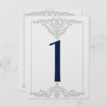 Silver White And Navy Damask Wedding Table Number by NoteableExpressions at Zazzle