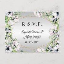 Silver White Anemone Gold Geometric RSVP Invitation Postcard