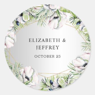 Silver White Anemone Gold Geometric Wedding Classic Round Sticker
