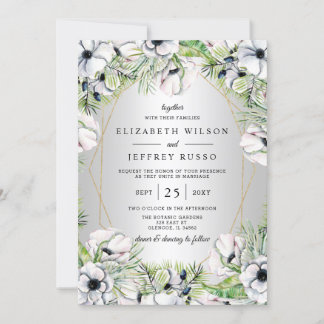 Silver White Anemone Gold Geometric Wedding  Invitation