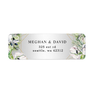 Silver White Anemone Gold Geometric Wedding Label