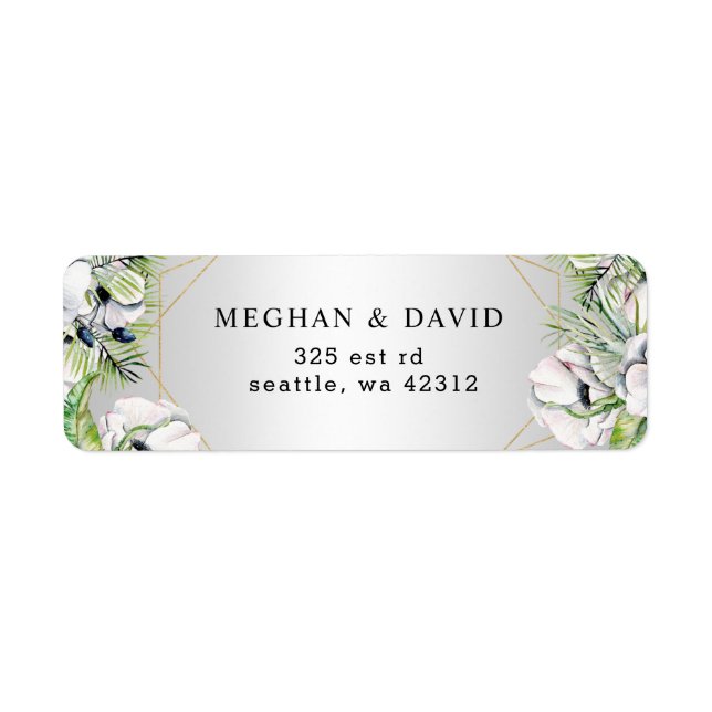 Silver White Anemone Gold Geometric Wedding Label (Front)