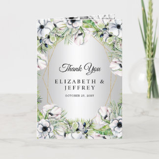 Silver White Anemone Gold Geometric Wedding Thank You Card