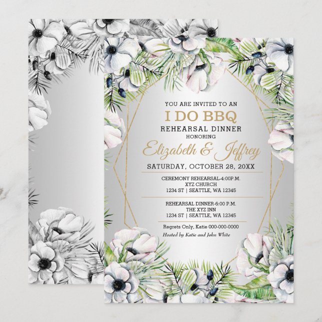 Silver White Anemone I Do BBQ Rehearsal Dinner Invitation (Front/Back)