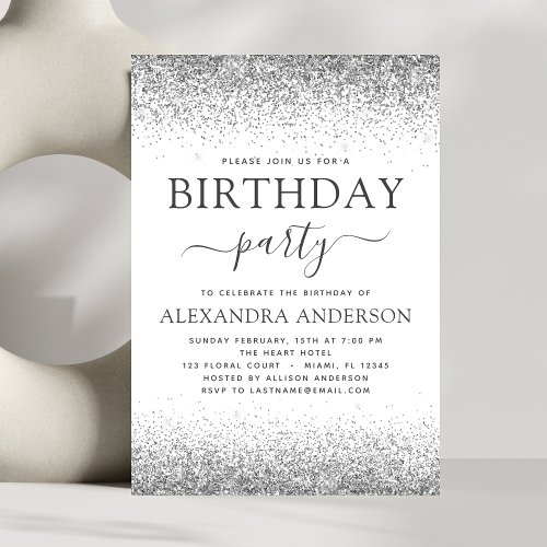 Silver White Any Age Birthday Glitter Modern Invitation