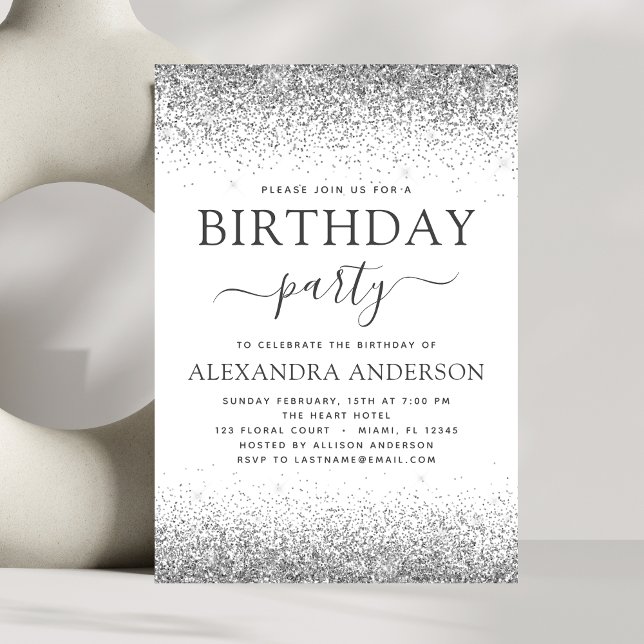 Silver White Any Age Birthday Glitter Modern Invitation (Creator Uploaded)