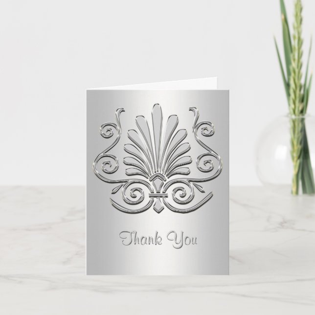Silver White Art Deco Damask Thank You Card (Front)