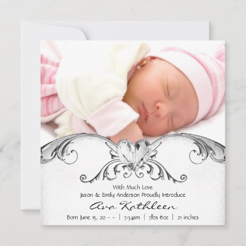 Silver White Baby Girl Photo Birth Announcement