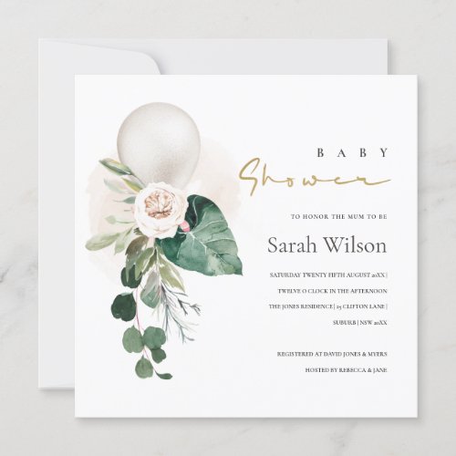 SILVER WHITE BALLOON FLORAL BABY SHOWER INVITE