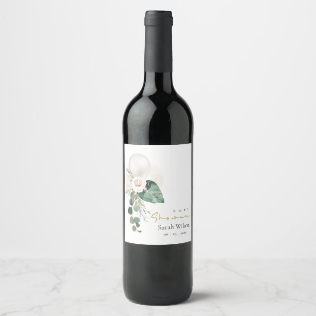 SILVER WHITE BALLOON FLORAL BUNCH BABY SHOWER WINE LABEL (Front)