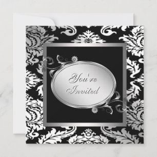 Silver White Black Damask Party Invitation