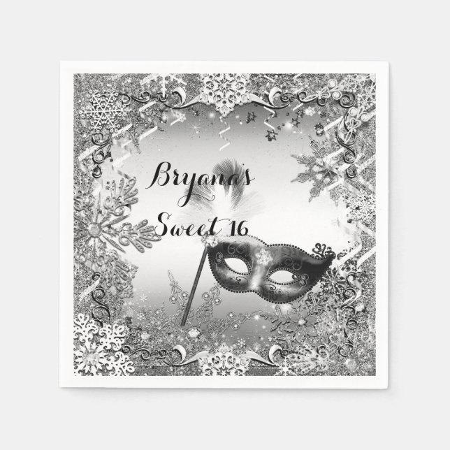 Silver White Black Masquerade & Winter Snowflakes Napkins (Front)