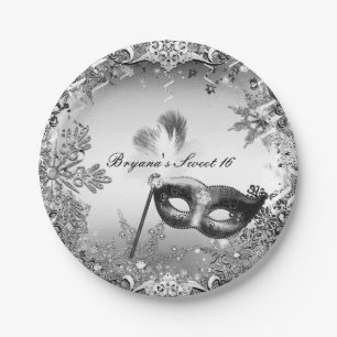 Silver White Black Masquerade & Winter Snowflakes Paper Plates