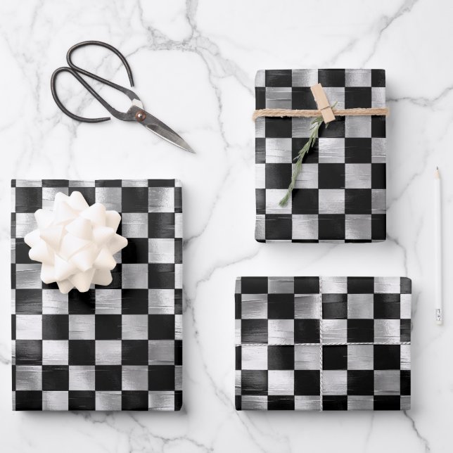 silver white black metallic square pattern wrapping paper sheets (Front)