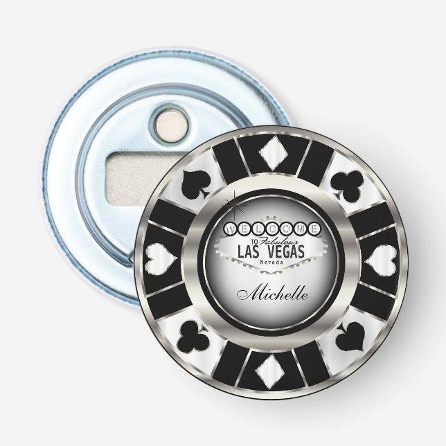 Silver, White, Black Poker Chip  - Personalize Bottle Opener (Front)