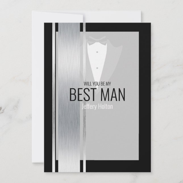 Silver, white & black stripe tuxedo best man announcement (Front)