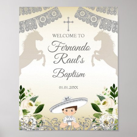 Silver White Boy Baptism Welcome Sign Poster