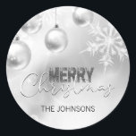 Silver White Christmas Snowflake Snow Baubles Classic Round Sticker<br><div class="desc">Personalize these elegant Christmas stickers in silver and white colors with lights , baubles,  snow,  snowflakes.  Personalize by adding last name,  message or delete.</div>