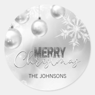 Silver White Christmas Snowflake Snow Baubles Classic Round Sticker