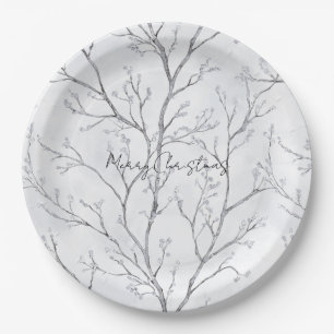 Silver White Christmas Winter Trees Paper Plates