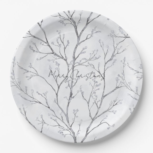 Silver White Christmas Winter Trees Paper Plates (Front)