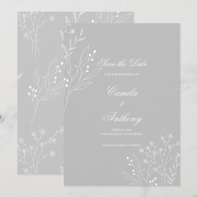 Silver White Corner Floral Boho Wedding Invitation (Front/Back)