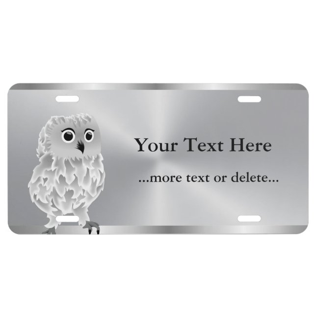 Silver White Cute Owl Personalize License Plate (Front)