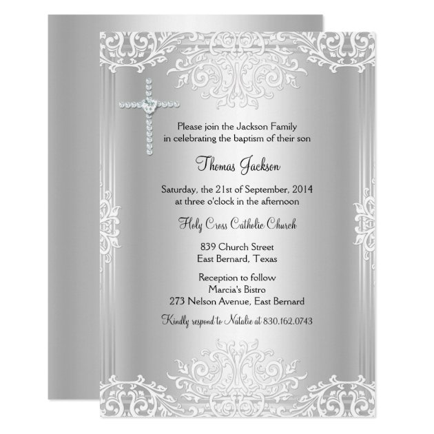 Silver White Damask Baptism/Christening Invite