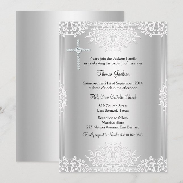 Silver White Damask Baptism/Christening Invite (Front/Back)