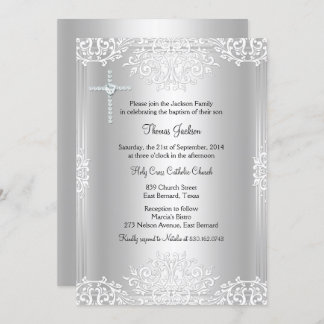 Silver White Damask Baptism/Christening Invite