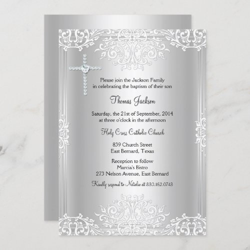 Silver White Damask BaptismChristening Invite