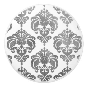 Silver & White Damask Elegant Bedroom Dresser Ceramic Knob