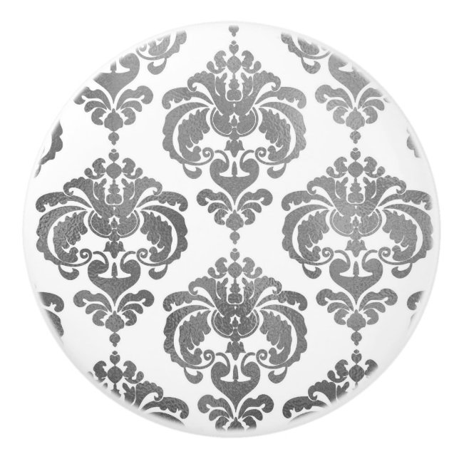 Silver & White Damask Elegant Bedroom Dresser Ceramic Knob (Front)