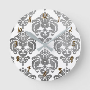 Silver & White Damask Glam Modern Personalized Round Clock