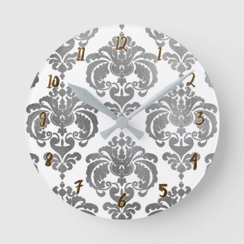 Silver  White Damask Glam Modern Personalized Round Clock