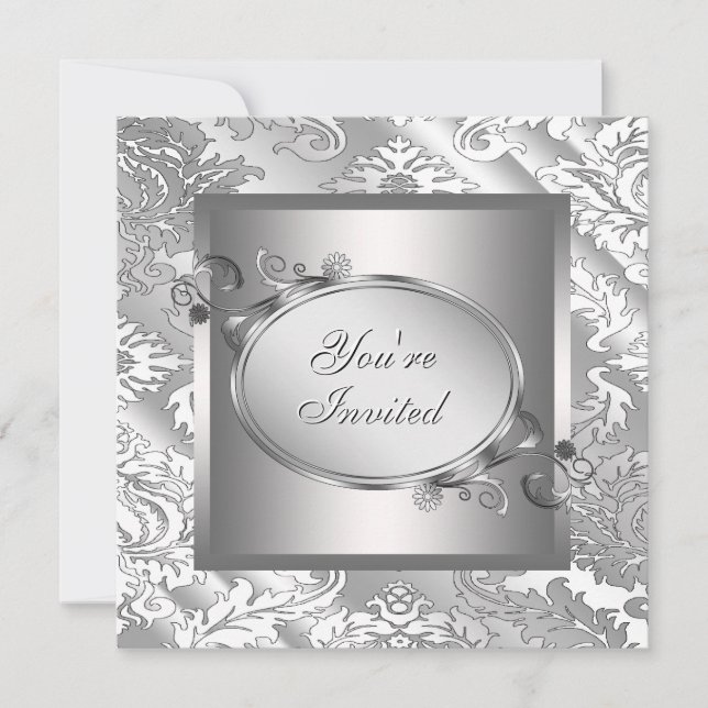 Silver White Damask Party Invitation (Front)