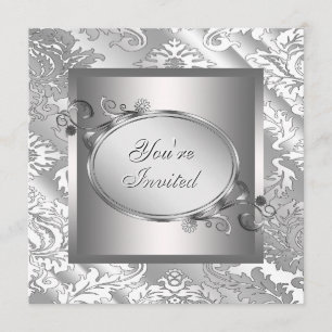 Silver White Damask Party Invitation