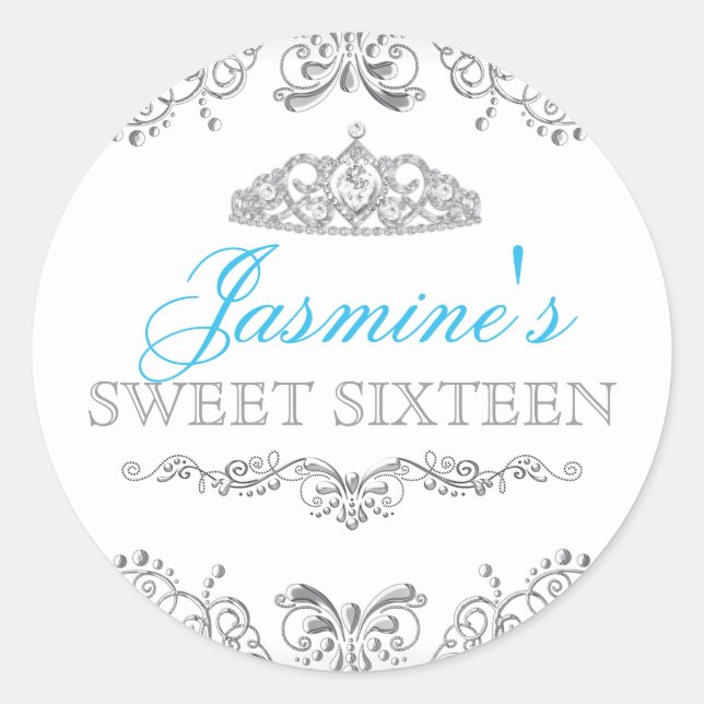 Silver White Damask & Tiara Sweet 16 Sticker (Front)