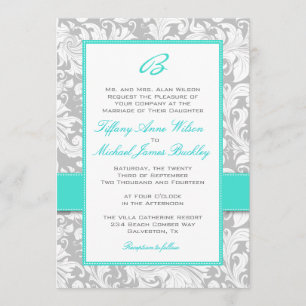 Silver white damask turquoise wedding invitation