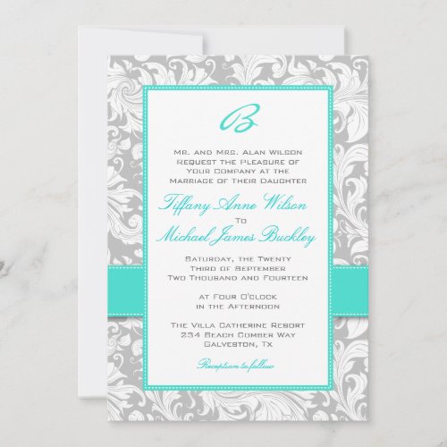 Silver white damask turquoise wedding invitation