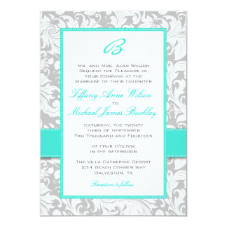 Silver white damask turquoise wedding invitation