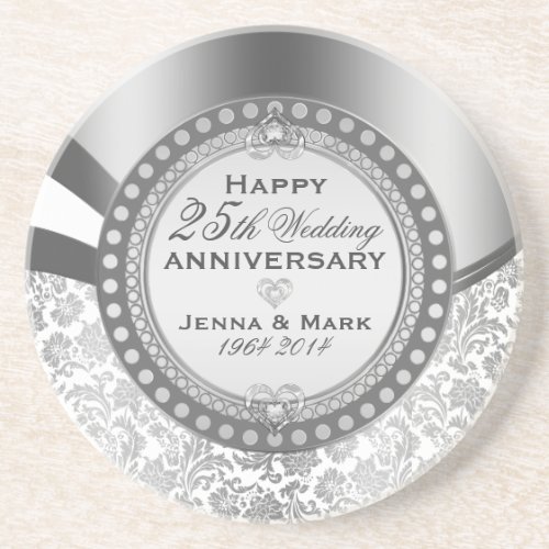 Silver  White Damasks 25 Wedding Anniversary Drink Coaster