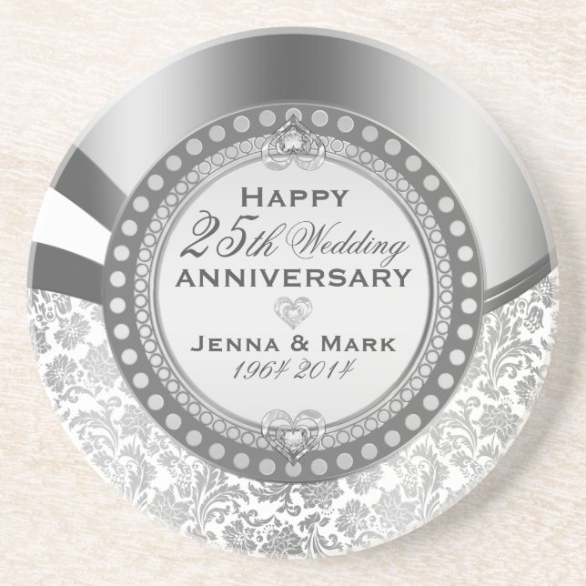 Silver & White Damasks 25 Wedding Anniversary Drink Coaster (Front)