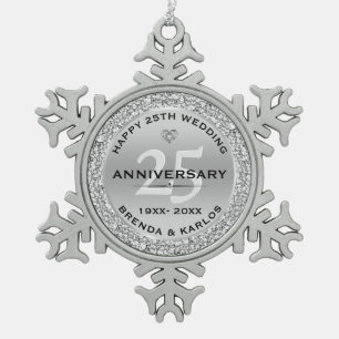 Silver & white diamonds 25th wedding Anniversary Snowflake Pewter Christmas Ornament