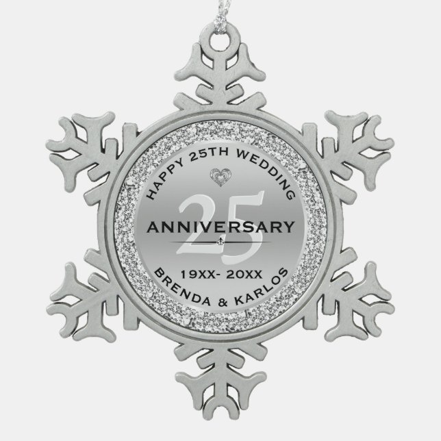 Silver & white diamonds 25th wedding Anniversary Snowflake Pewter Christmas Ornament (Front)