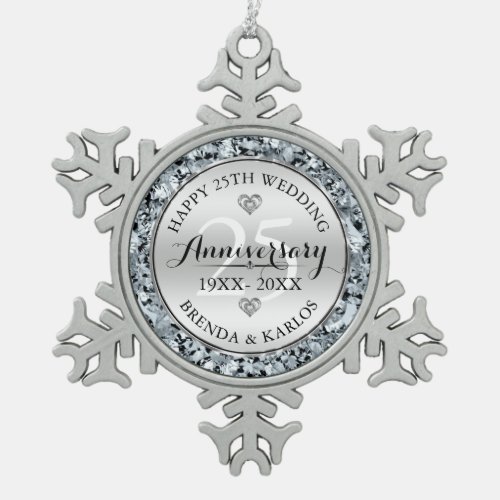 Silver  white diamonds 25th wedding Anniversary Snowflake Pewter Christmas Ornament