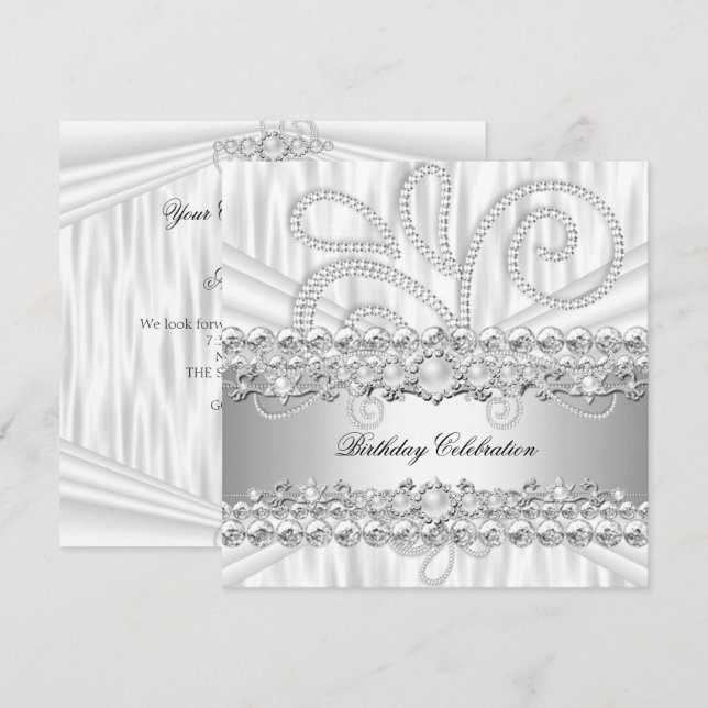 Silver White Diamonds Pearl Elegant Birthday Party Invitation (Front/Back)