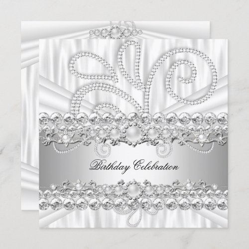 Silver White Diamonds Pearl Elegant Birthday Party Invitation